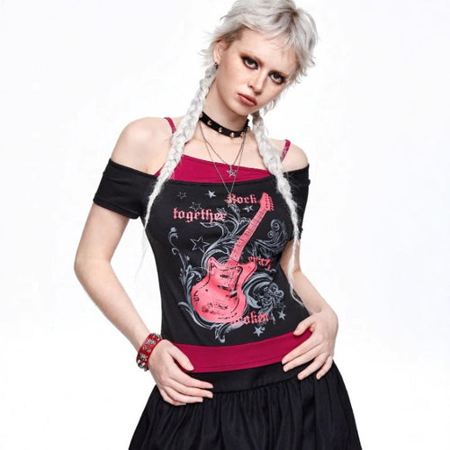 Damen Asymmetrisches Rock-T-Shirt mit grafischem Druck Drune