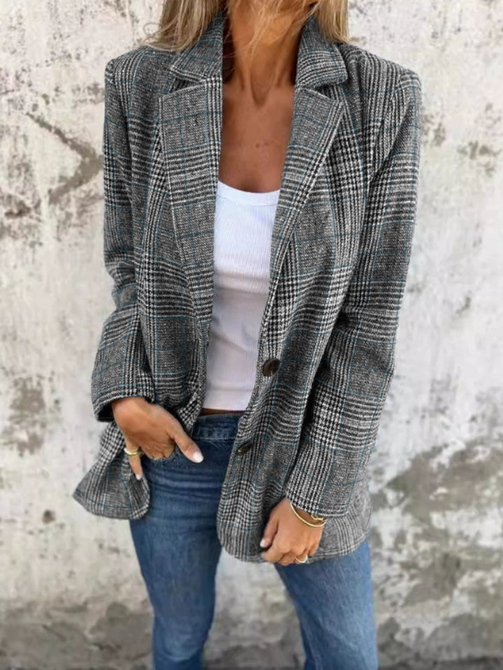 Damen Lockerer Glencheck-Blazer mit Reverskragen, Pattentaschen und Ein-Knopf-Verschluss Drune