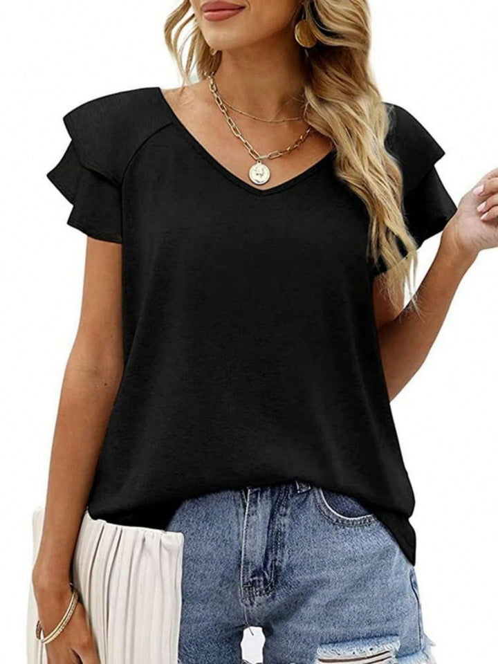 Damen V-Ausschnitt T-Shirt mit Rüschendetails Drune