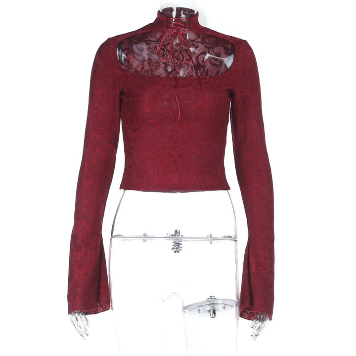 Damen elegantes Langarm-Top mit schickem Stehkragen und floralem Muster Drune