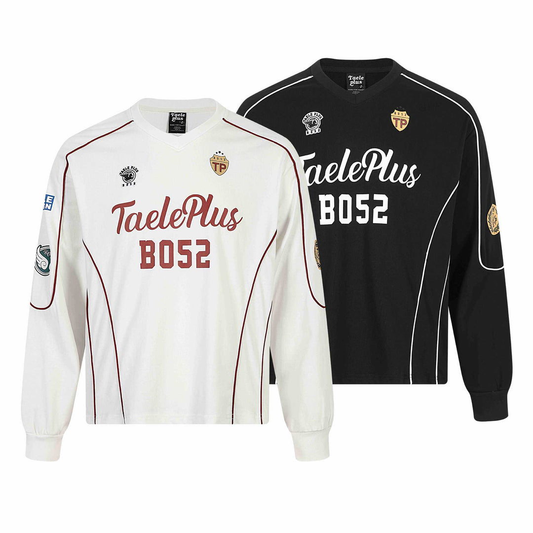 Herren Retro-inspiriertes Langarm-Fußballtrikot mit V-Ausschnitt und Kontrastpaspeln Drune