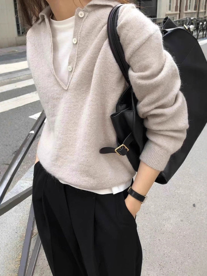 Damen Weicher Kapuzenpullover im Mohair‑Look mit tiefem V‑Ausschnitt und halber Knopfleiste Drune