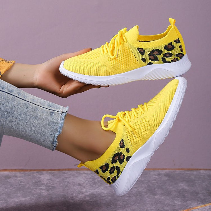 Damen Atmungsaktive Strick-Slipper mit gepolsterter Dämpfungssohle und Leoparden-Schaft Drune