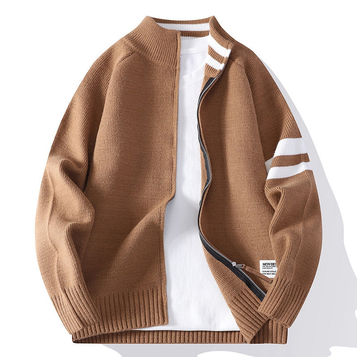 Herren nan gestrickte Zip-Cardigan im College-Stil mit gestreiftem Ärmelband und geripptem Stehkragen Drune