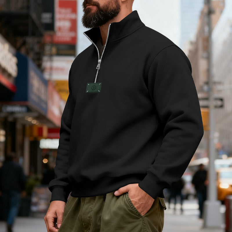 Herren nan hochgeschlossener Quarterzip-Sweatshirt aus schwerem Baumwollfleece mit Stehkragen Drune