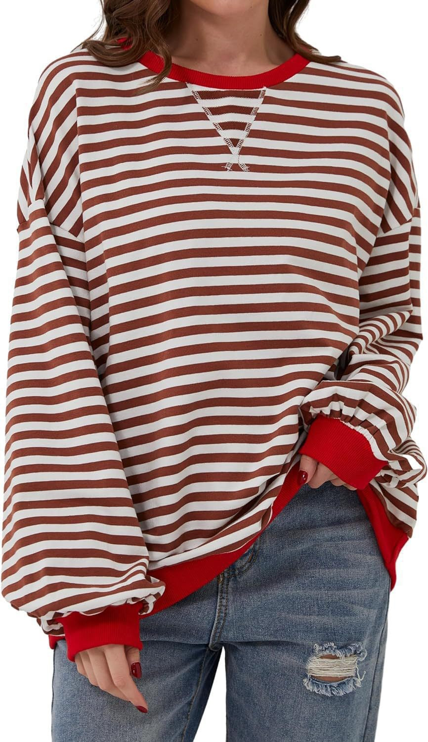 Damen Cozy Übergroßer Gestreifter Pullover Sweatshirt Drune