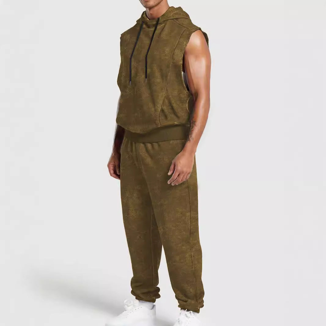Herren nan ärmelloses Kapuzensweat-Set in Veloursoptik mit elastischer Jogginghose und gerippten Abschlüssen Drune