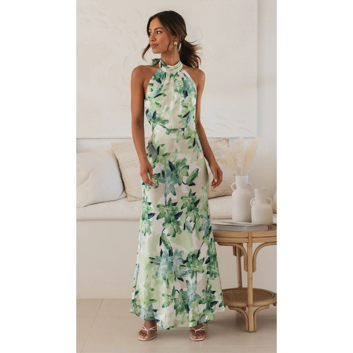 Damen Maxikleid mit hochgeschlossenem Halterneck-Design und floralem Muster Drune