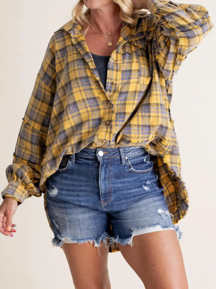 Damen lässige Oversized-Hemdjacke mit Karomuster Drune