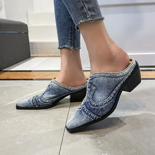 Damen nan Jeans-Slipper mit spitzer Zehenkappe, fransiger Kantenverarbeitung und mittelhohem Blockabsatz Drune
