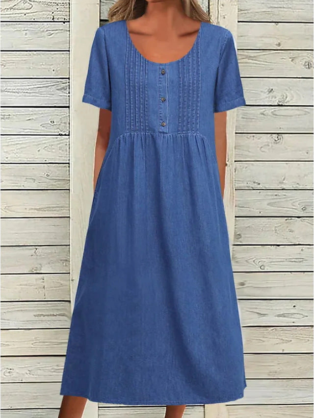 Damen nan locker sitzendes Midikleid im Denim-Look mit Rundhalsausschnitt, Brustbiesen und seitlichen Eingrifftaschen Drune