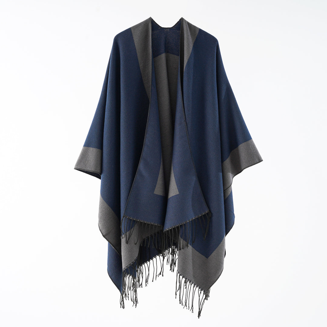 Damen Oversize-wendbarer Capeponcho aus Wollmix mit Fransen Drune