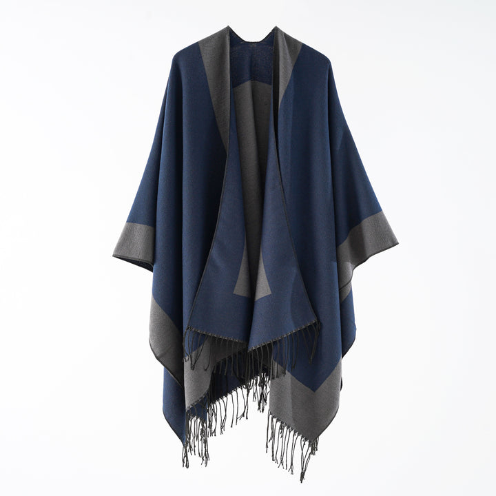 Damen Oversize-wendbarer Capeponcho aus Wollmix mit Fransen Drune