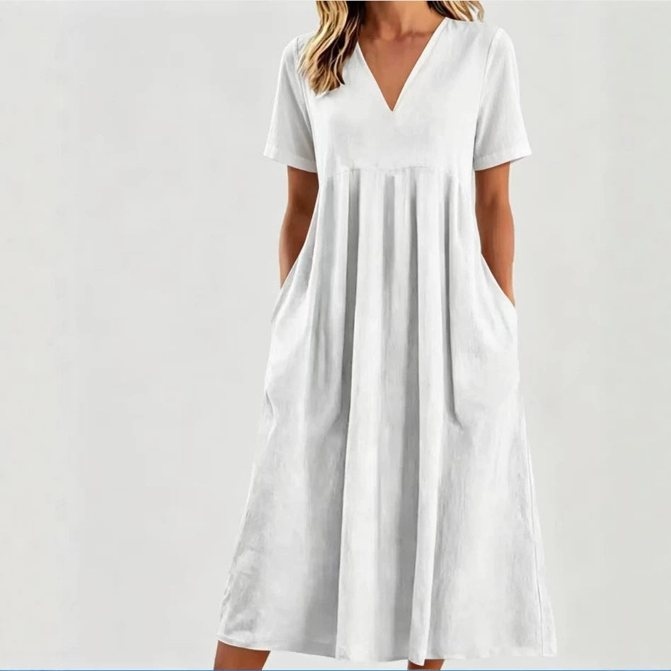 Damen nan legeres V-Ausschnitt-Midikleid mit Eingrifftaschen und geraffter Empirenaht Drune