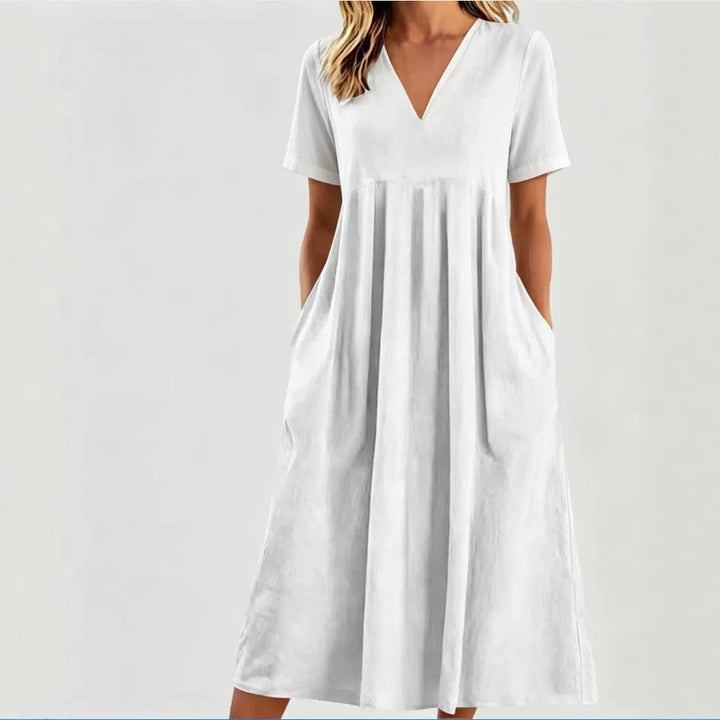 Damen nan legeres V-Ausschnitt-Midikleid mit Eingrifftaschen und geraffter Empirenaht Drune