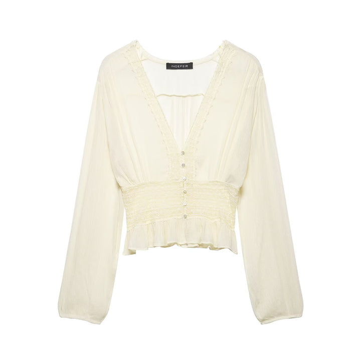 Damen Zarte Langarm‑Bluse aus Crinkle‑Chiffon mit tiefem V‑Ausschnitt, Smok‑Taille und Volantsaum Drune