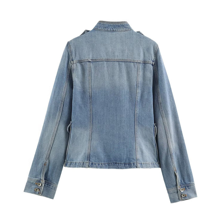 Damen Utility-Denimjacke mit Stehkragen, Pattentaschen und Epauletten Drune