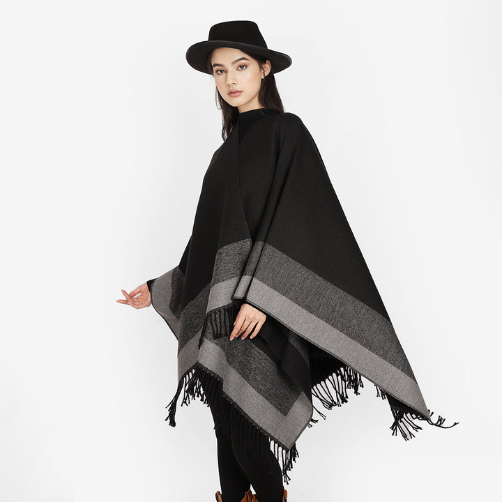 Damen Wollmix-Capeponcho mit kontrastierter Kante, großem Oversize-Fall und Fransensaum Drune