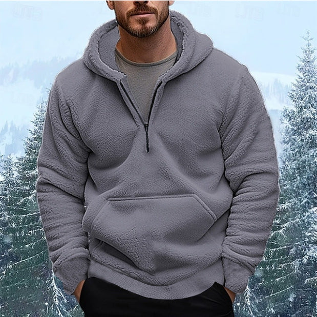 Herren sherpa fleece-hoodie mit halbem Reißverschluss, Kapuze und großer Kängurutasche Drune