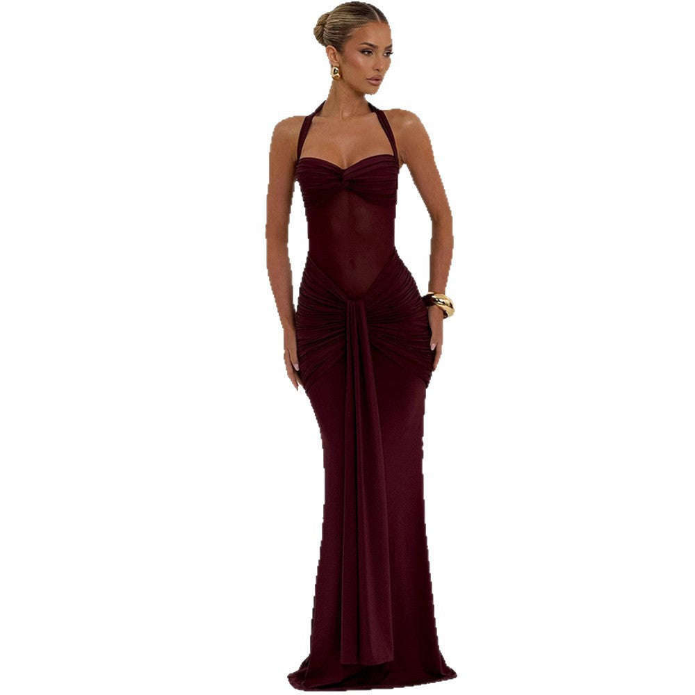 Damen elegantes Maxikleid mit schmeichelnder Raffung und Halterneck Drune