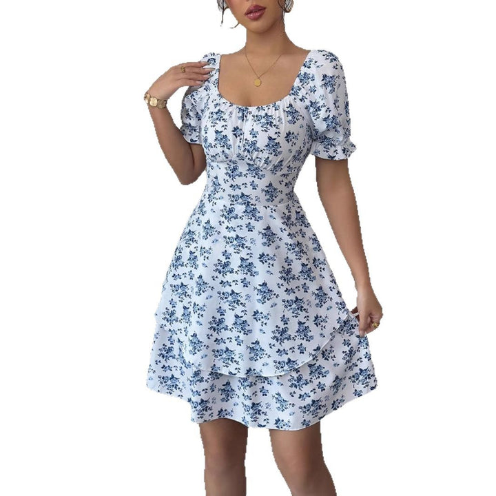 Damen Blütenprint Minikleid mit voluminösen Puffärmeln und schwingendem Saum Drune