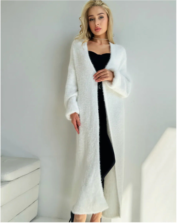 Damen Langer Flauschiger Cardigan mit offenem Schnitt und überschnittenen Ärmeln Drune