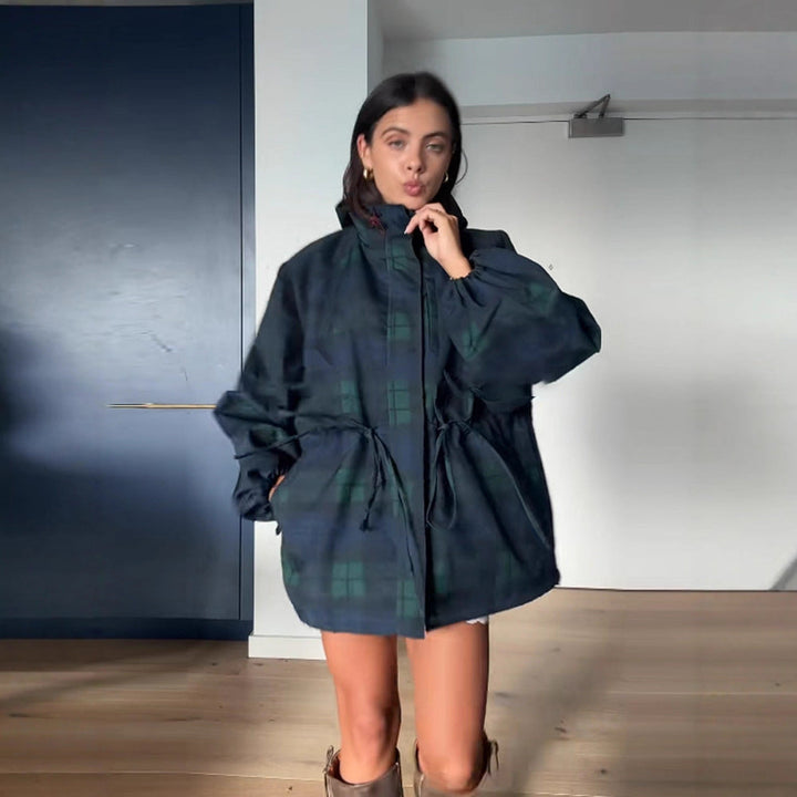 Damen Oversized Jacke im lässigen Karo-Design mit praktischen Taschen und Taillenzug Drune