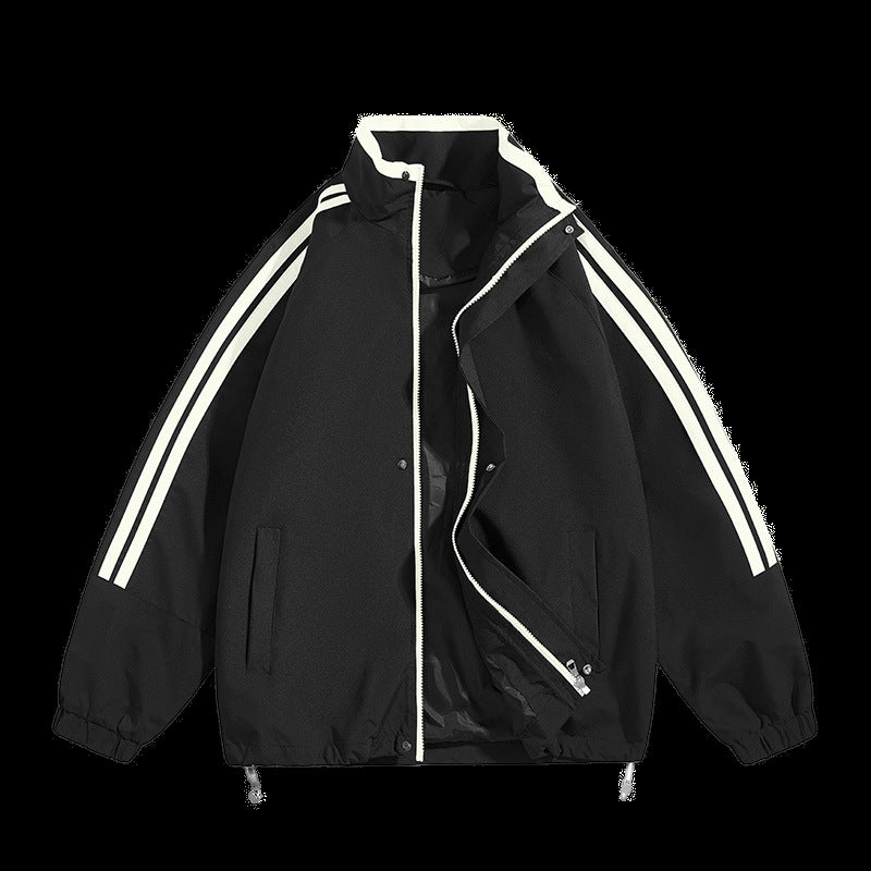 Unisex  oversized retro athletic shell jacket with stand collar and dual sleeve stripes Drune