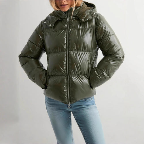 Damen Modische Hochglanz-Steppjacke mit Kapuze