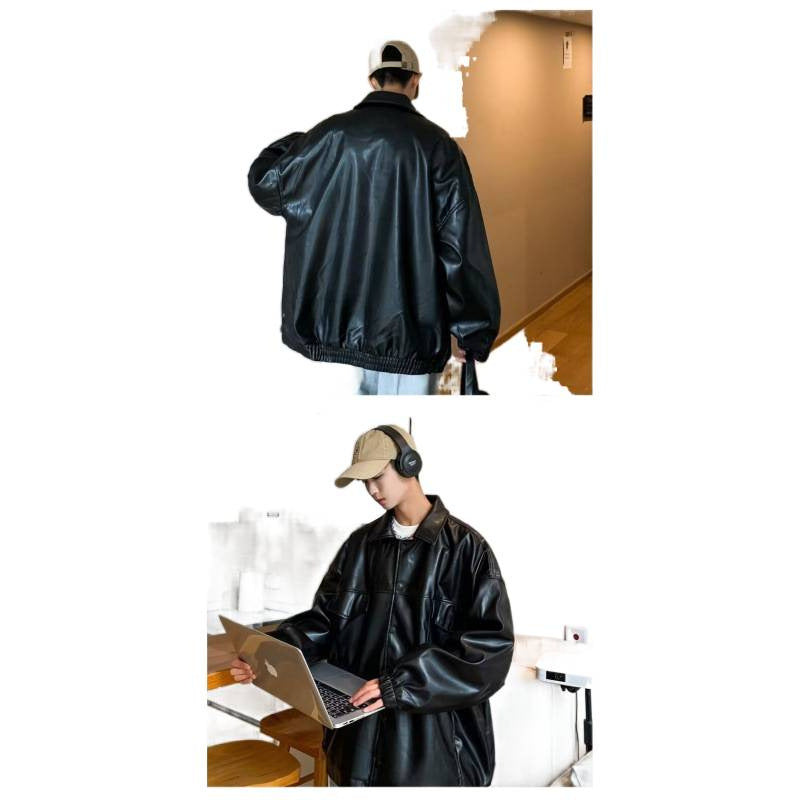 Herren Oversized PU-Leder-Shacket mit Pattentaschen und elastischen Bündchen Drune