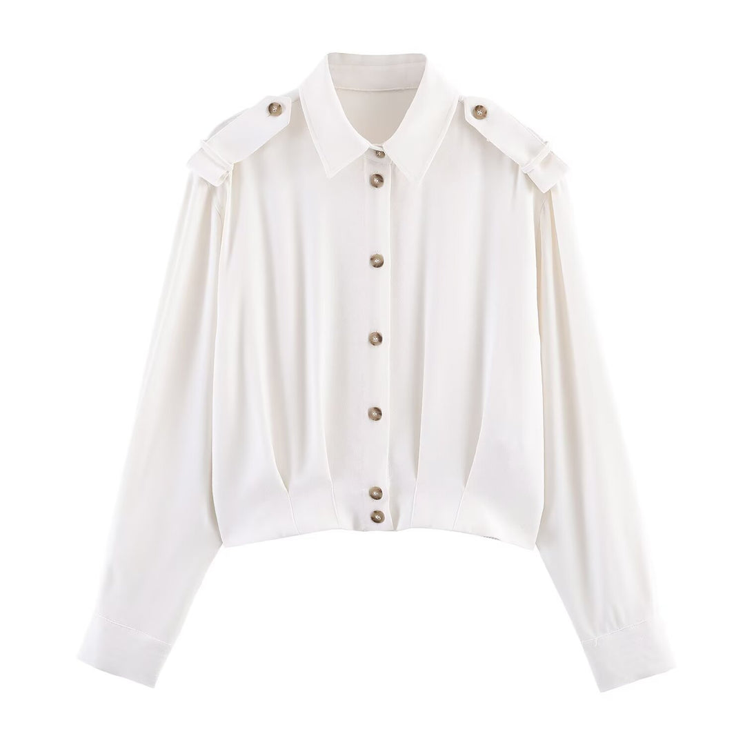 Damen Cropped-Bluse mit Schulterklappen und taillierter Drapierung Drune