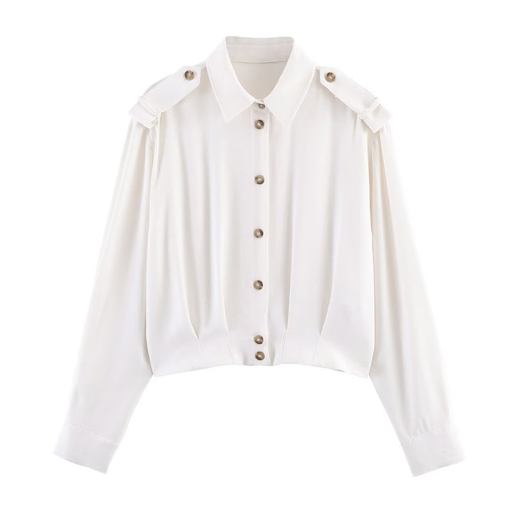 Damen Cropped-Bluse mit Schulterklappen und taillierter Drapierung Drune