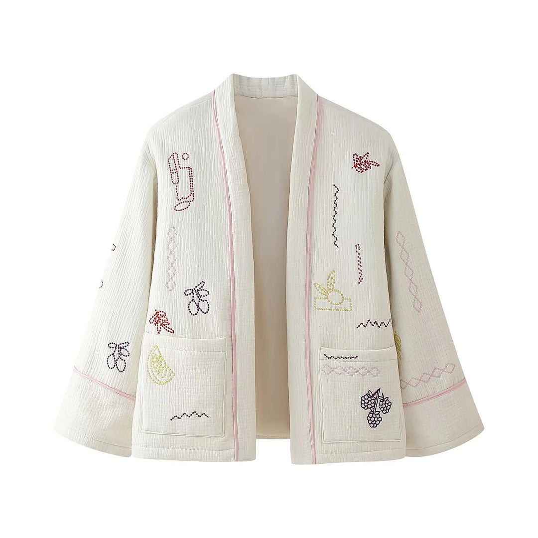 Damen nan gesteppte Kimono-Jacke mit dekorativer Stickerei, aufgesetzten Taschen und lässigem Oversize-Schnitt Drune