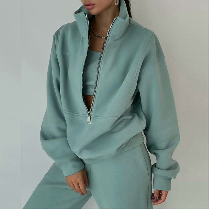 Damen nan Oversize Halbzip-Sweatshirt mit hohem Stehkragen und verdeckter Kängurutasche Drune