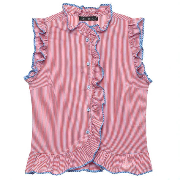 Damen Gestreifte Hemdbluse mit Stehkragen und Tunnelzug Drune