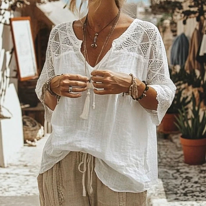 Damen nan locker fallende Tunika-Bluse im Boho-Stil mit gehäkelten Schulter- und Ärmeldetails Drune