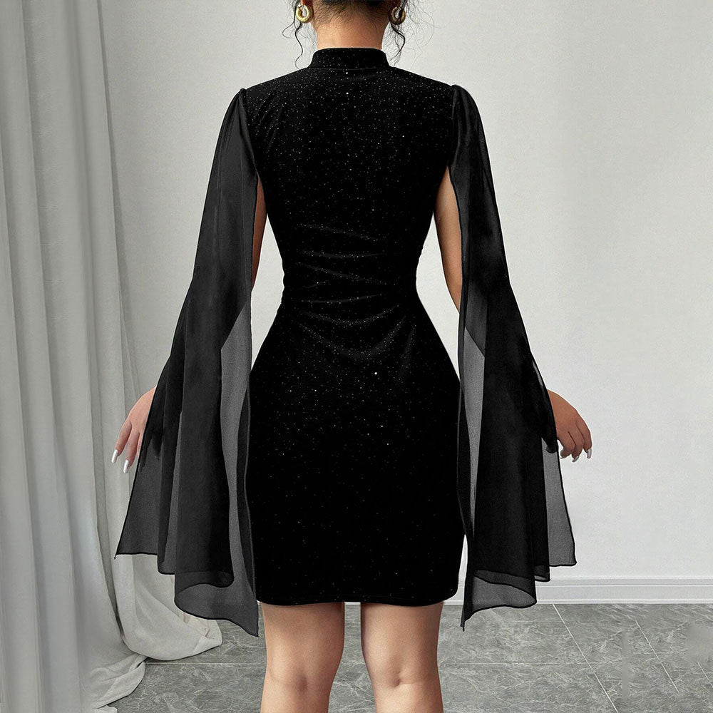 Damen figurbetontes Minikleid mit fließenden Cape-Ärmeln und funkelnder Punktverzierung Drune