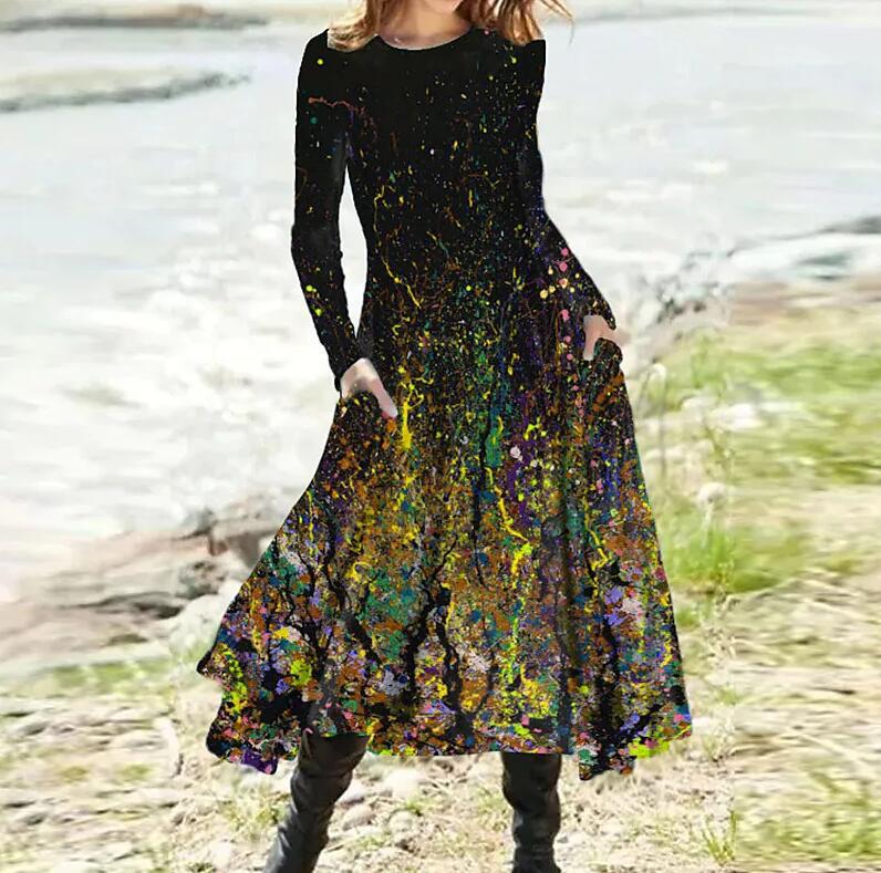 Damen nan A-Linien-Midikleid mit abstraktem Spritzmuster, Rundhalsausschnitt, langen Ärmeln und Eingrifftaschen Drune