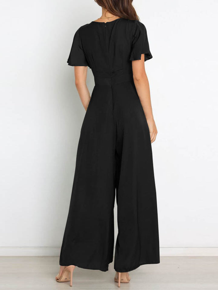 Drune | Kurzarm Breite Beinform Lässig V-Ausschnitt Jumpsuit