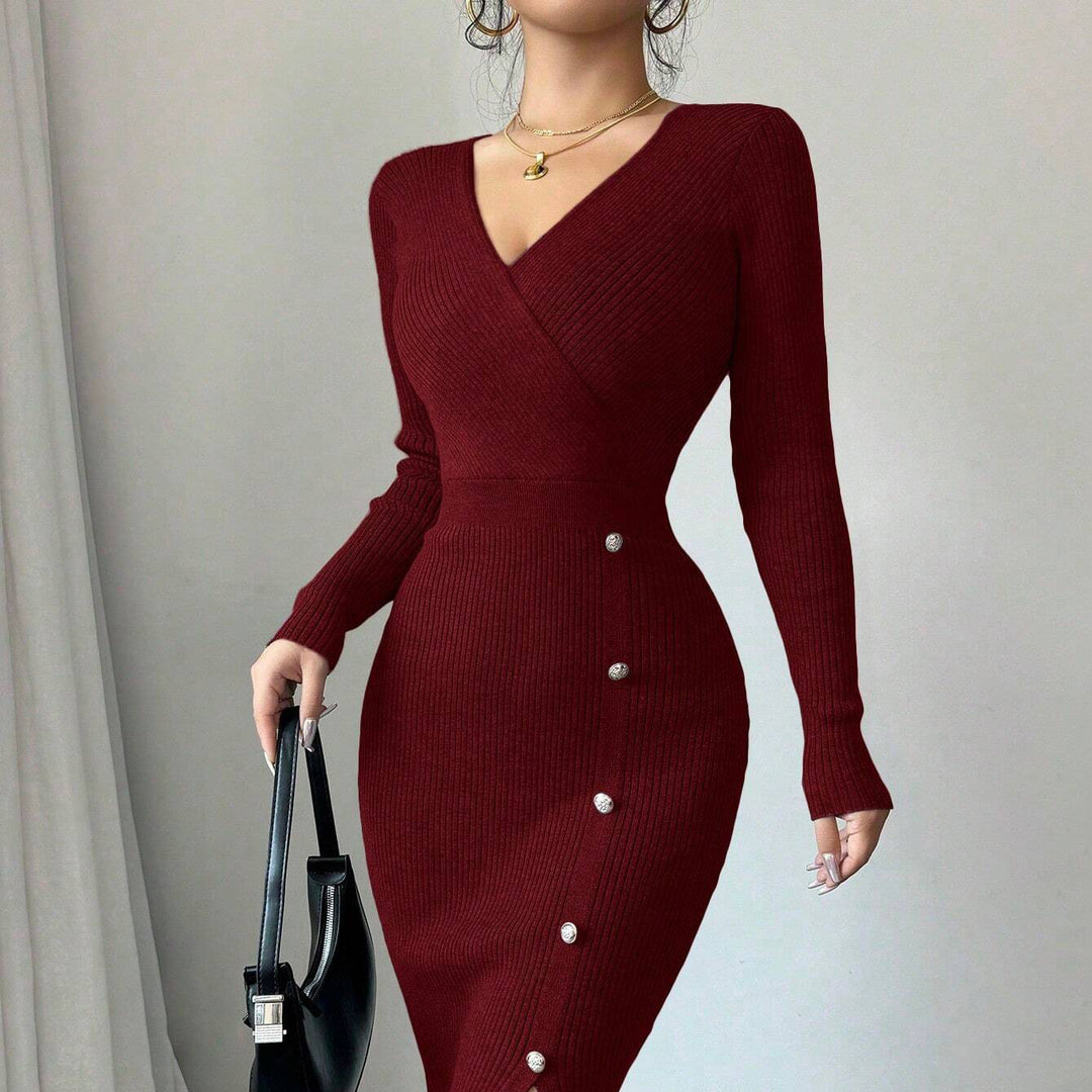 Damen Strickkleid mit Wickel-Design und dekorativen Knöpfen Drune