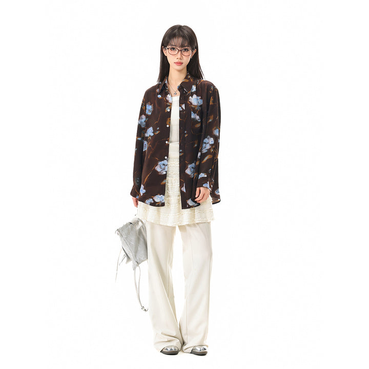 Damen Oversize-Hemdbluse mit abstraktem Blumenprint und aufgesetzter Brusttasche Drune