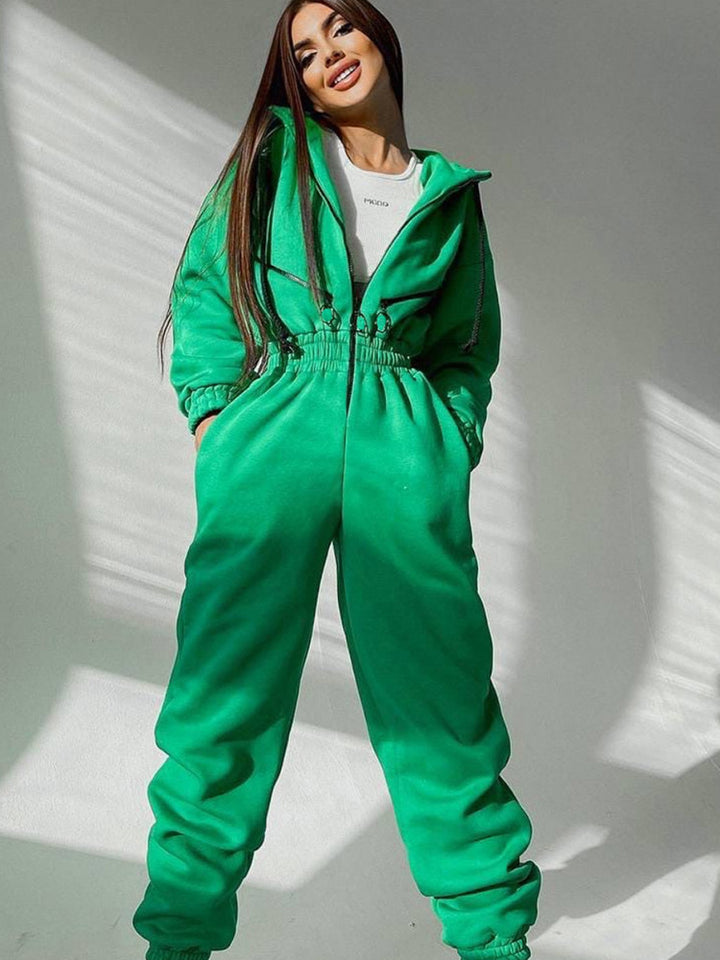 Damen Taillierter Kapuzen-Sweat-Jumpsuit mit Reißverschluss und elastischem Taillenbund Drune