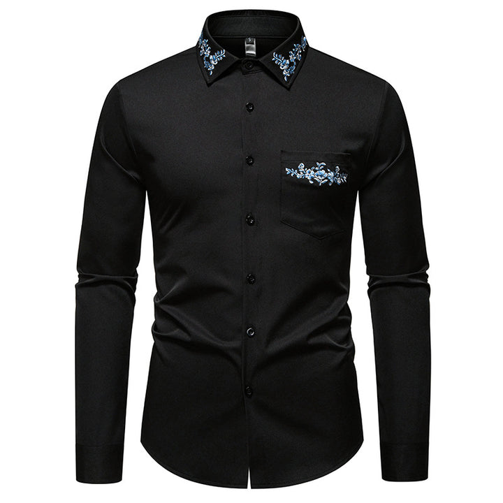 Herren Elegantes Slim-Fit Hemd mit floraler Stickerei am Kragen und aufgesetzter Brusttasche Drune