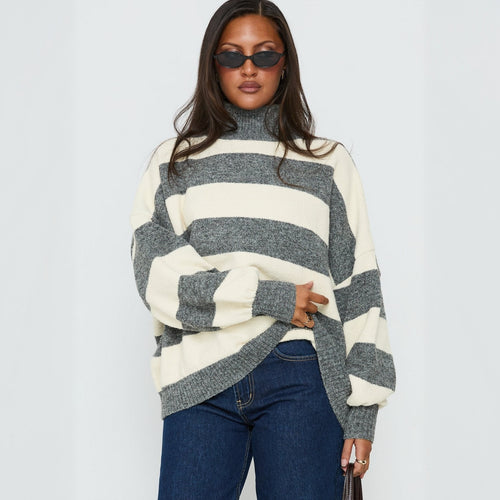 Damen Oversize Streifen-Pullover mit Rollkragen Drune