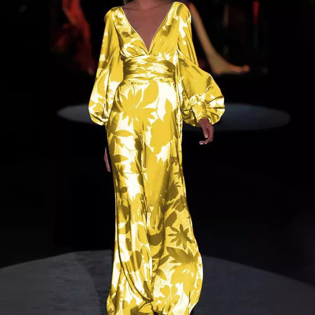 Damen Maxikleid mit tiefem V-Ausschnitt und voluminösen Ärmeln Drune