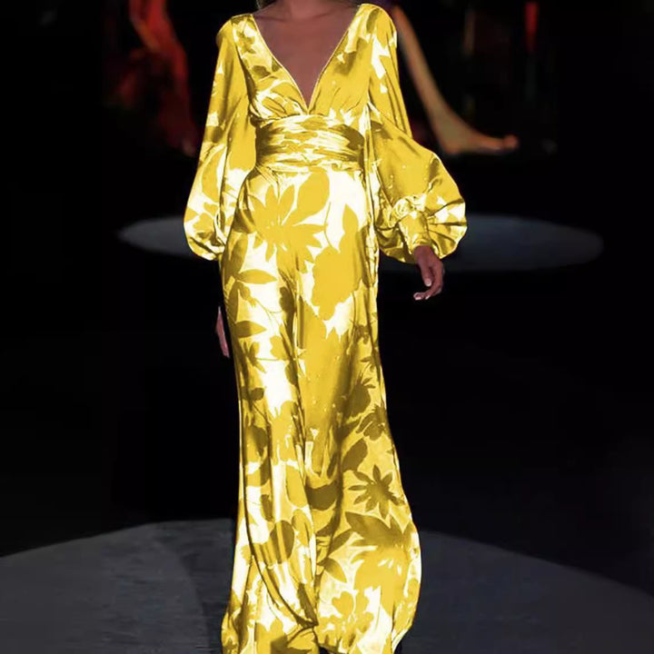 Damen Maxikleid mit tiefem V-Ausschnitt und voluminösen Ärmeln Drune
