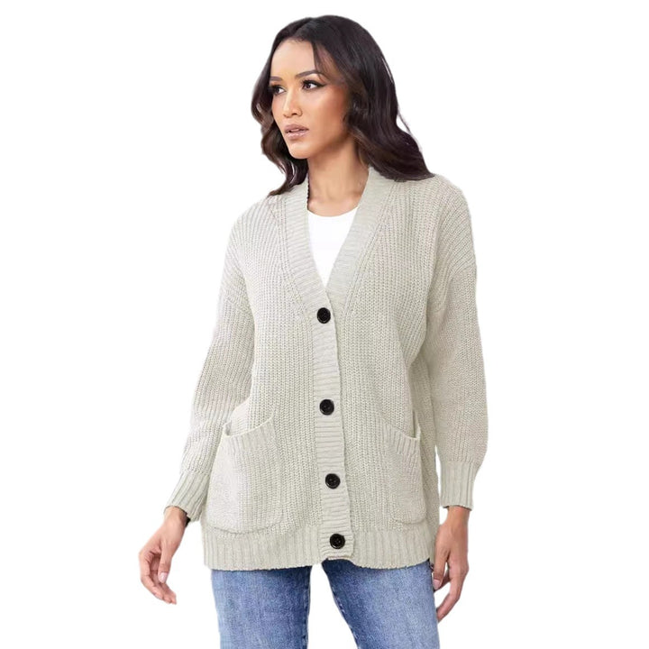 Damen modische Strickjacke mit durchgehendem Knopfverschluss und großen Taschen Drune