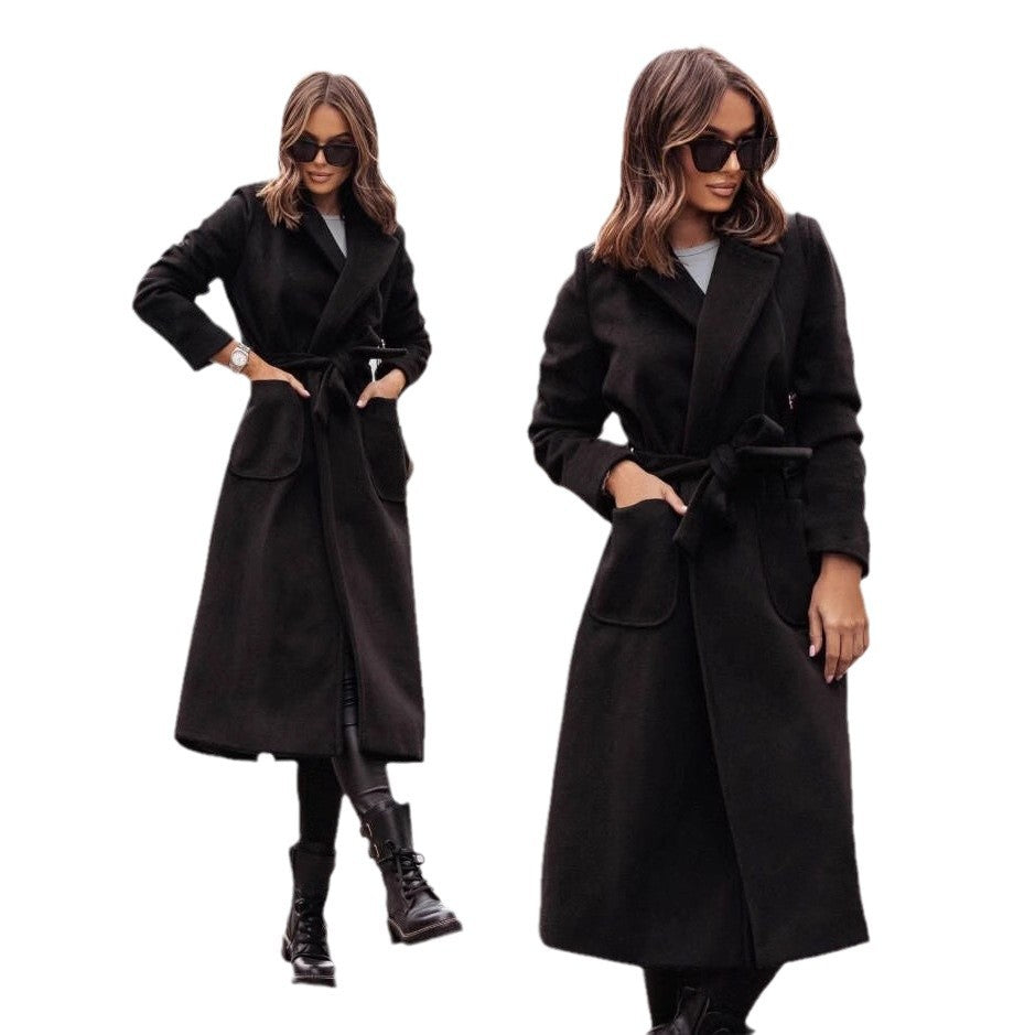 Damen Eleganter Wickel-Mantel mit praktischen Taschen und taillierbarem Gürtel Drune