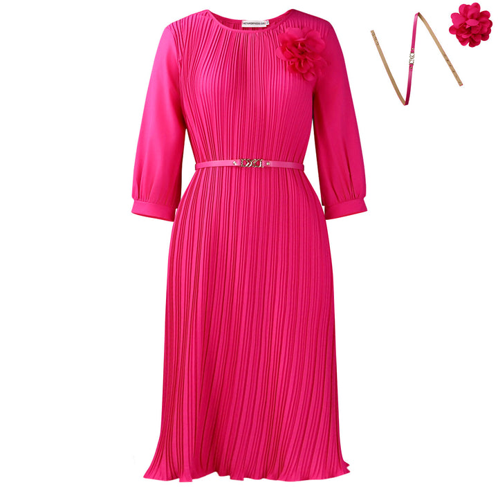 Damen Plissee Midi-Kleid mit eleganter Blumenapplikation und abnehmbarem Gürtel Drune