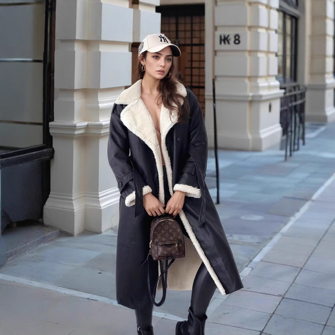 Damen Langer Mantel mit Teddyfutter, doppelreihiger Knopfleiste und tailliertem Schnitt Drune